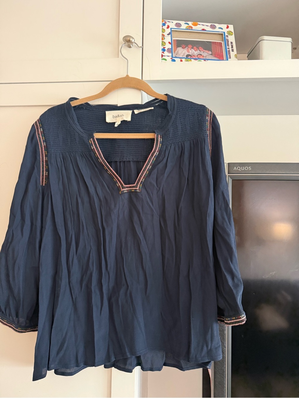 ba&sh Navy Embroidered V-Neck Peasant Tunic